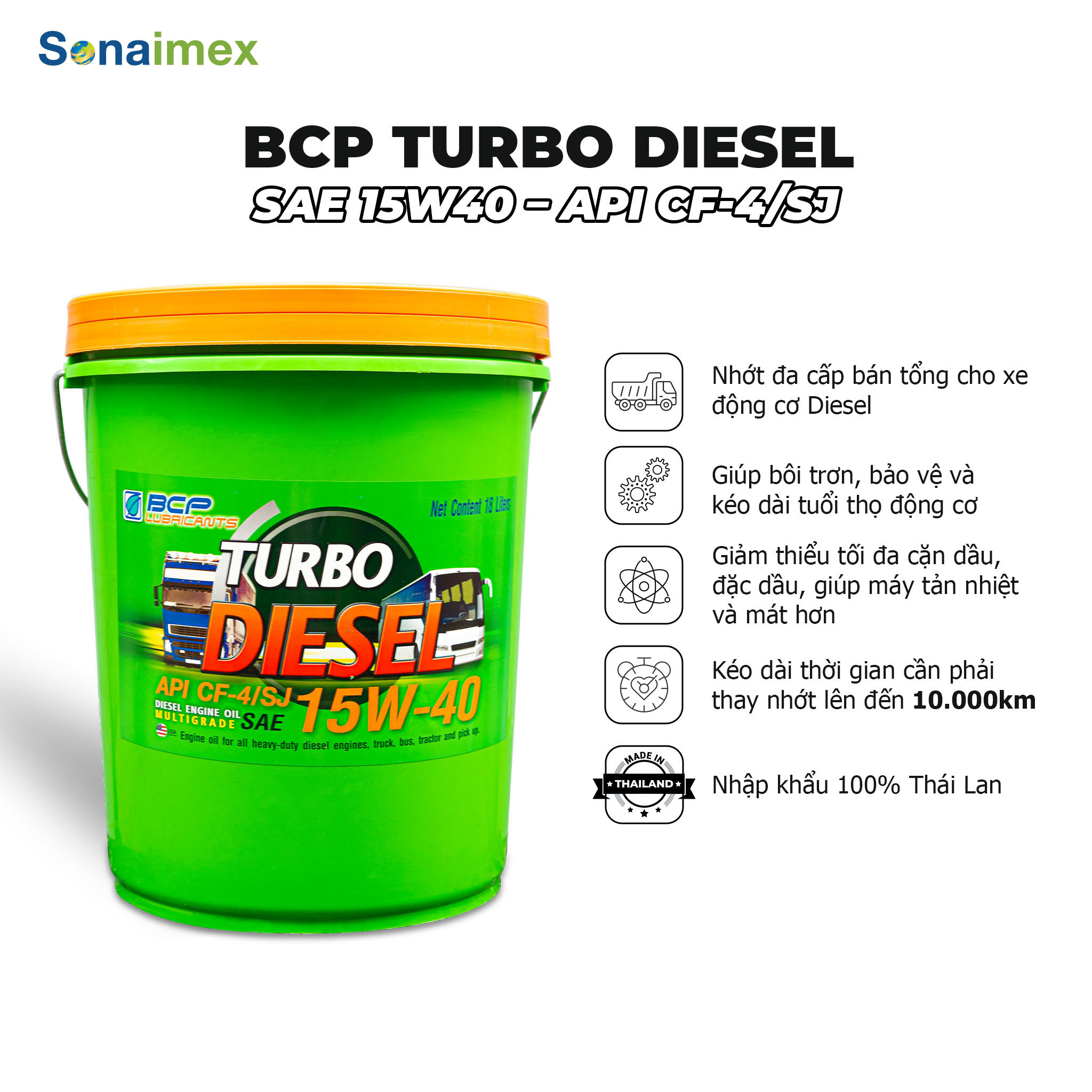 Nhớt động cơ dầu Diesel BCP Thái Lan TURBO DIESEL CF4/SJ, SAE 15W40, Turbo+ 18L dành cho ô tô, xe tải, xe buýt, xe nâng, xe đầu kéo, tàu thuyền (Dầu Nhớt Thái Lan nhập khẩu)