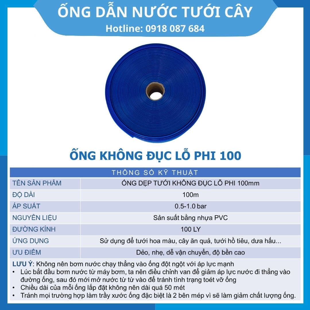 Ống dẫn nước tưới cây bằng nhựa dẻo, phi 100mm, dài 100 mét, màu xanh.