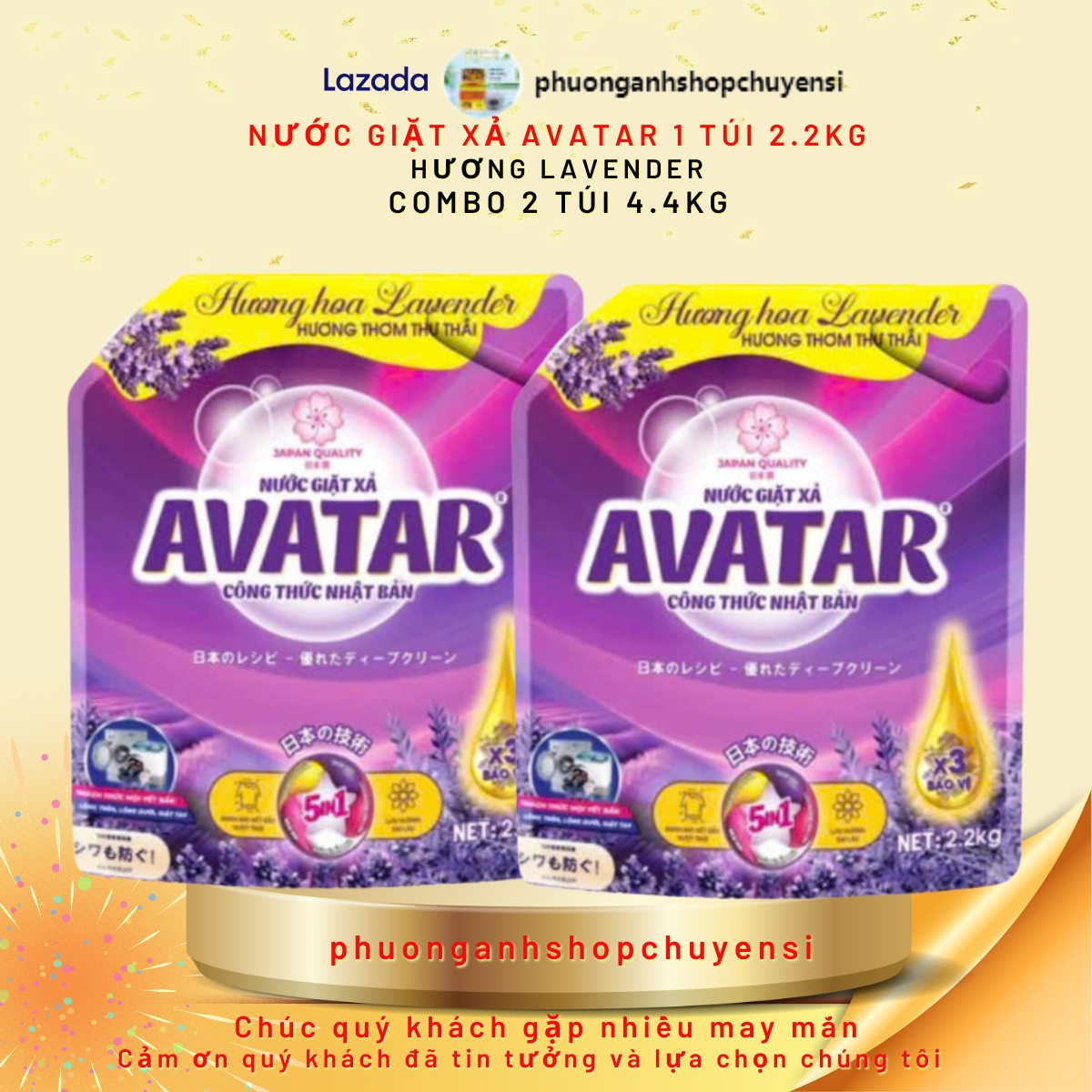 Nước giặt xả Avatar hương hoa lavender 2 túi 4.4kg