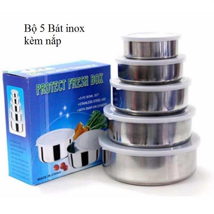 Bộ 5 bát inox đựng thực phẩm có nắp đậy silicon,Bát inox bảo quản thực phẩm tủ lạnh