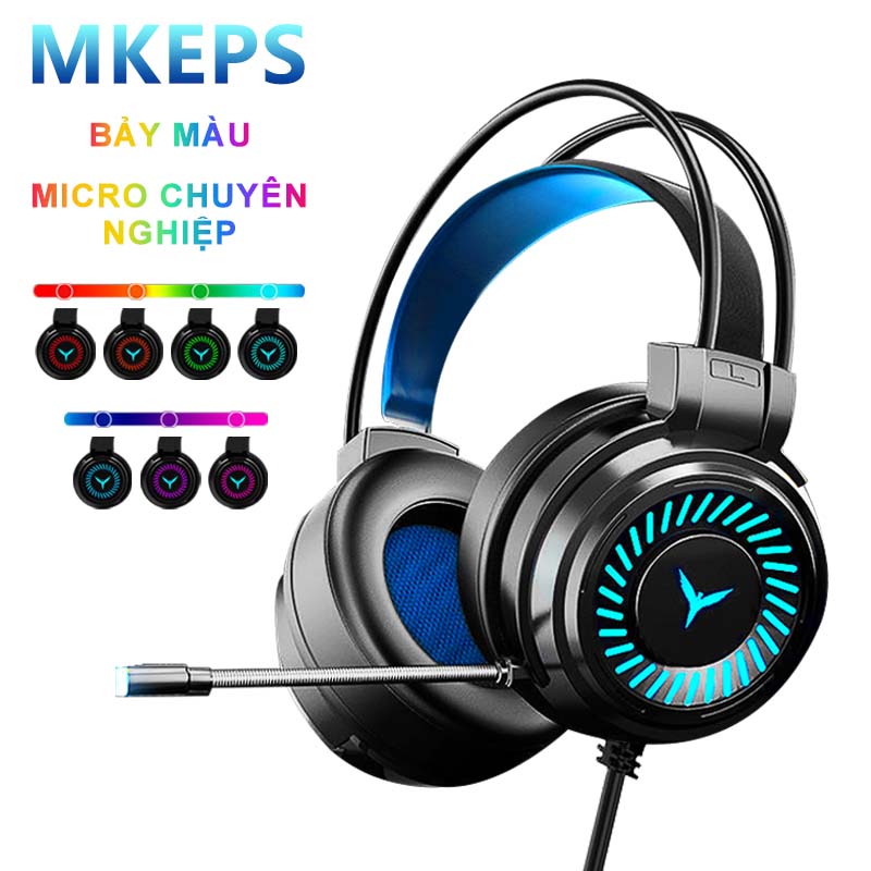 Mkeps wired gaming headset with built-in mic, RGB light, suitable for computer and telephone