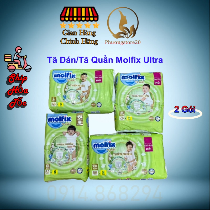 Hoả tốc,hcm combo 2 bịch molfix bỉm tã quần ultra/ tã dán s.jumbo thiên nhiên