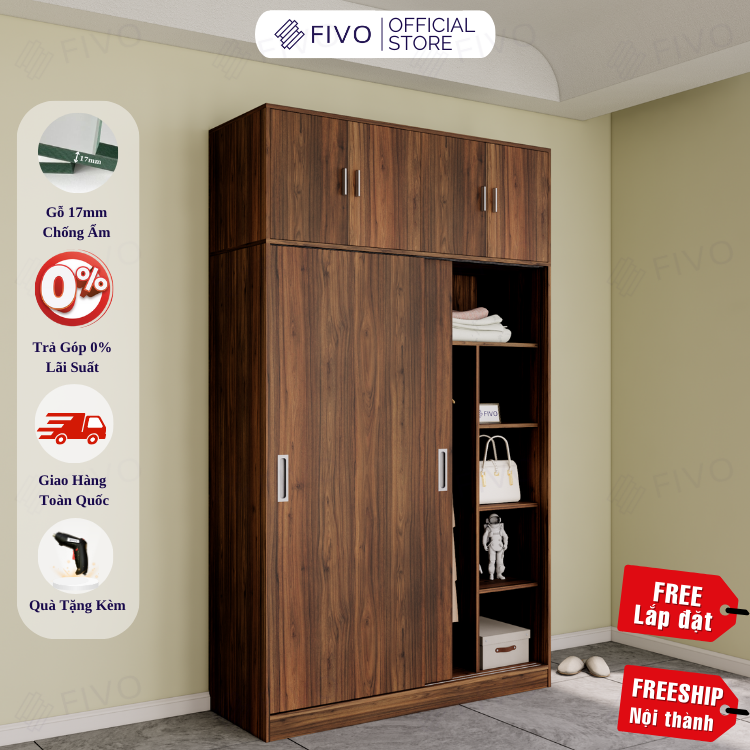 Tủ áo quần cửa trượt fivo fc31 gỗ chống ẩm cao cấp dày dặn, màu walnut ấm cúng cho phòng ngủ, cửa lùa tiết kiệm không gian