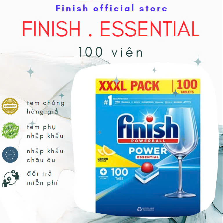 Viên Rửa Chén Bát Finish Essential - Hộp 52/100 viên siêu tiết kiệm - 6 tính năng