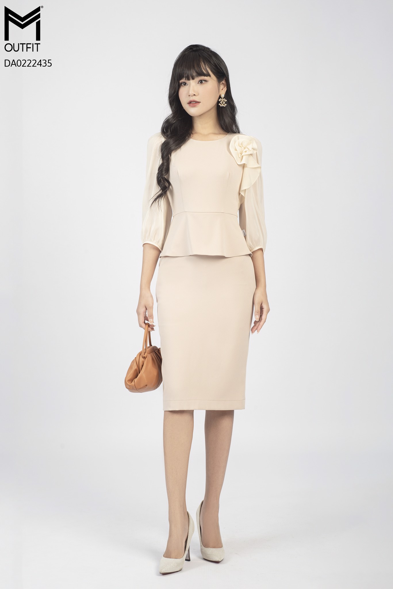 Đầm dáng bút chì, tà peplum, tay dài phối voan - Mmoutfit