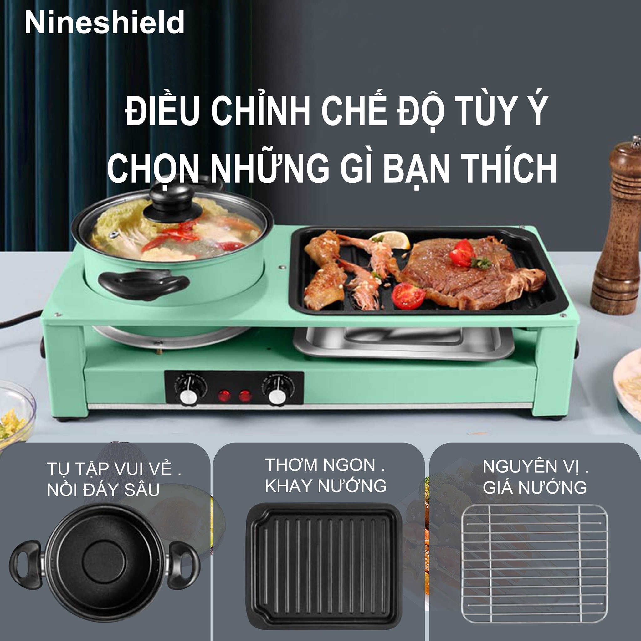 Bếp lẩu nướng đa năng Nineshield DKS-303 công suất lớn 2200W điều chỉnh nhiệt riêng biệt
