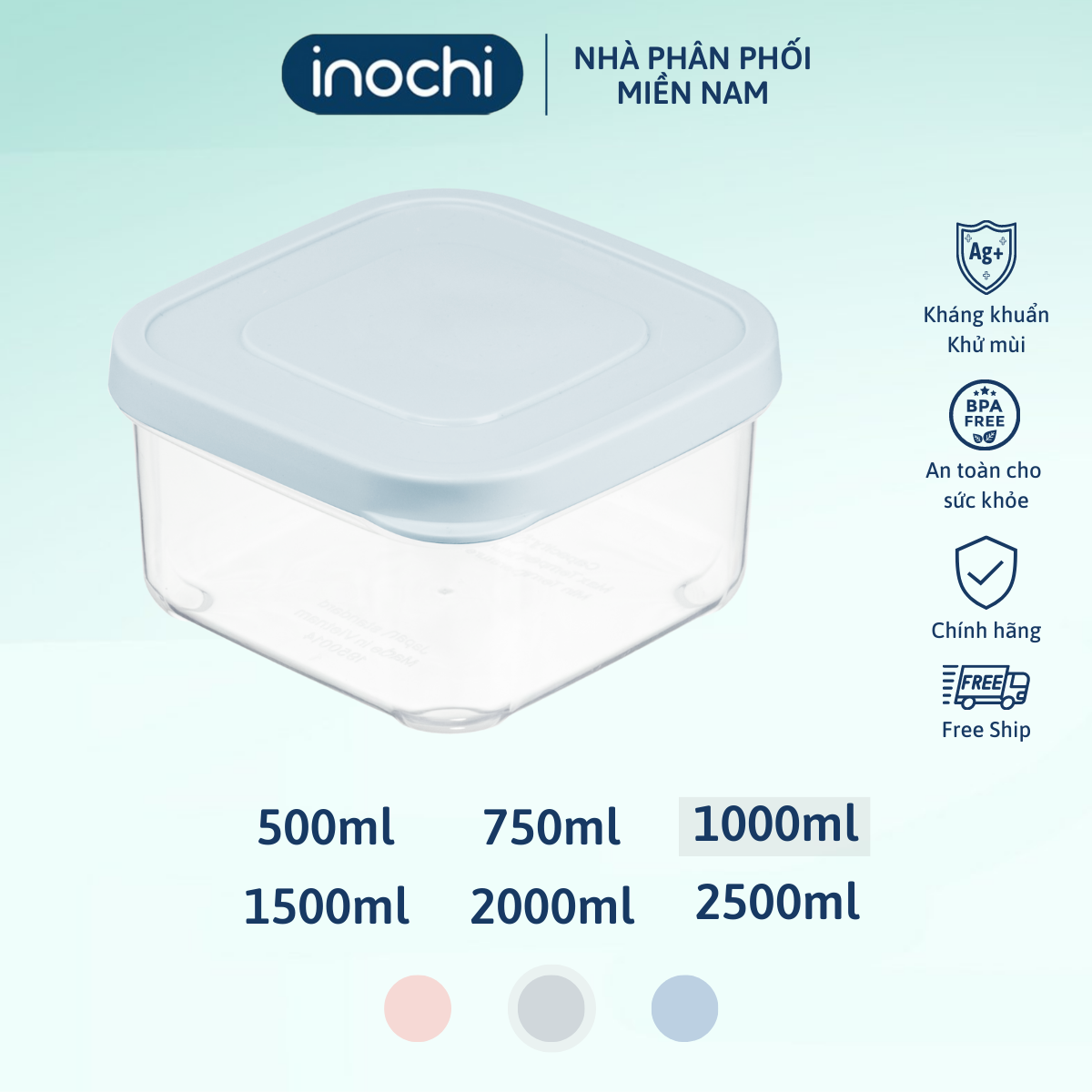 Hộp thực phẩm vuông inochi 1000ml - giao màu ngẫu nhiên