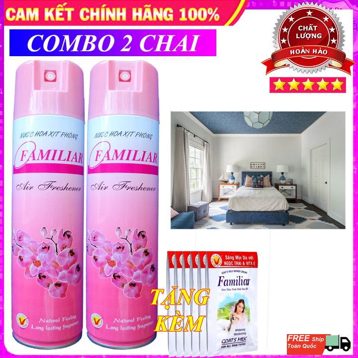 Combo 2 Chai  Xịt Phòng Familiar Hương Thơm Lan 380ml - Nước Hoa Xịt Phòng [TẶNG NGAY] 1 Dây Sữa Tắm Tinh Chất Sữa Dê Familiar 12 Gói 5 ml