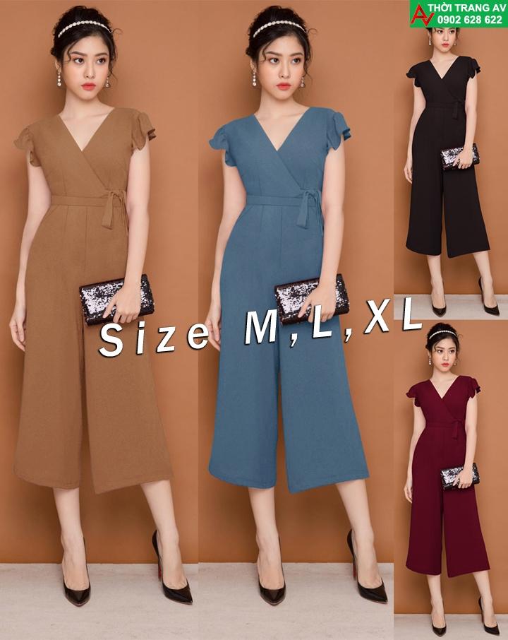 Jumpsuit - Đồ bay lửng ống rộng cổ tim đắp chéo thắt nơ eo xinh xắn - AV5923