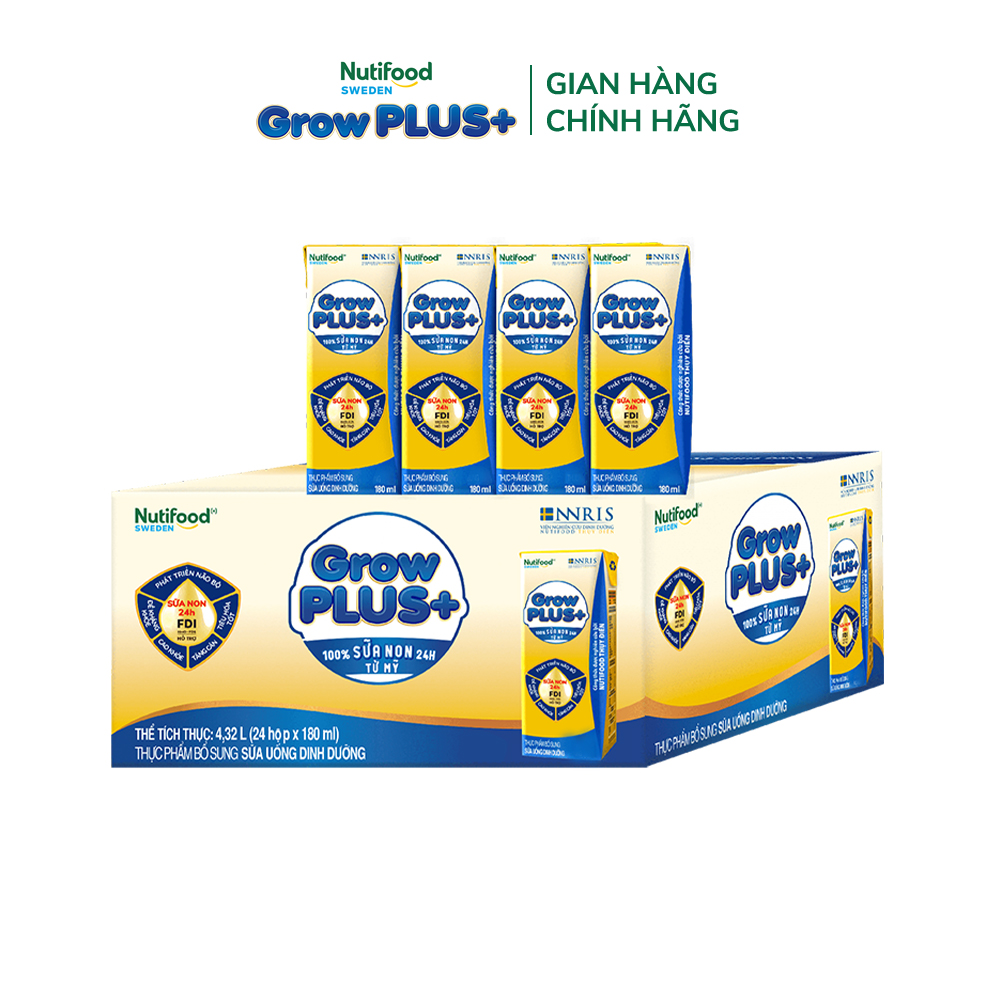 Thùng 24 hộp Sữa Bột Pha Sẵn Nutifood GrowPLUS+ Sữa Non (Vàng) - Hỗ Trợ Tăng Cường Đề Kháng 180ml