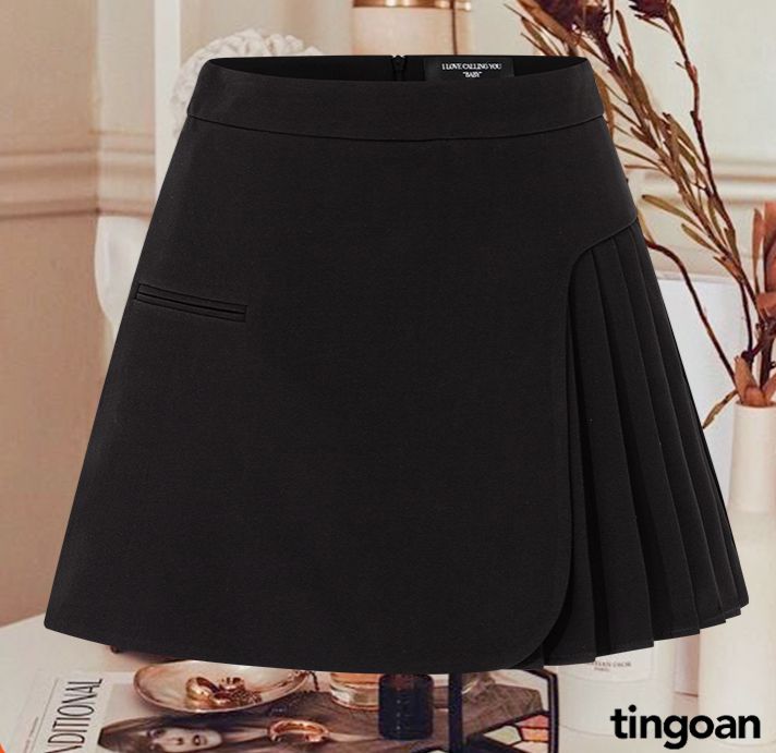 TINGOAN® - Chân váy cạp cao xếp ly lệch vạt đen TIANA SKIRT/BL