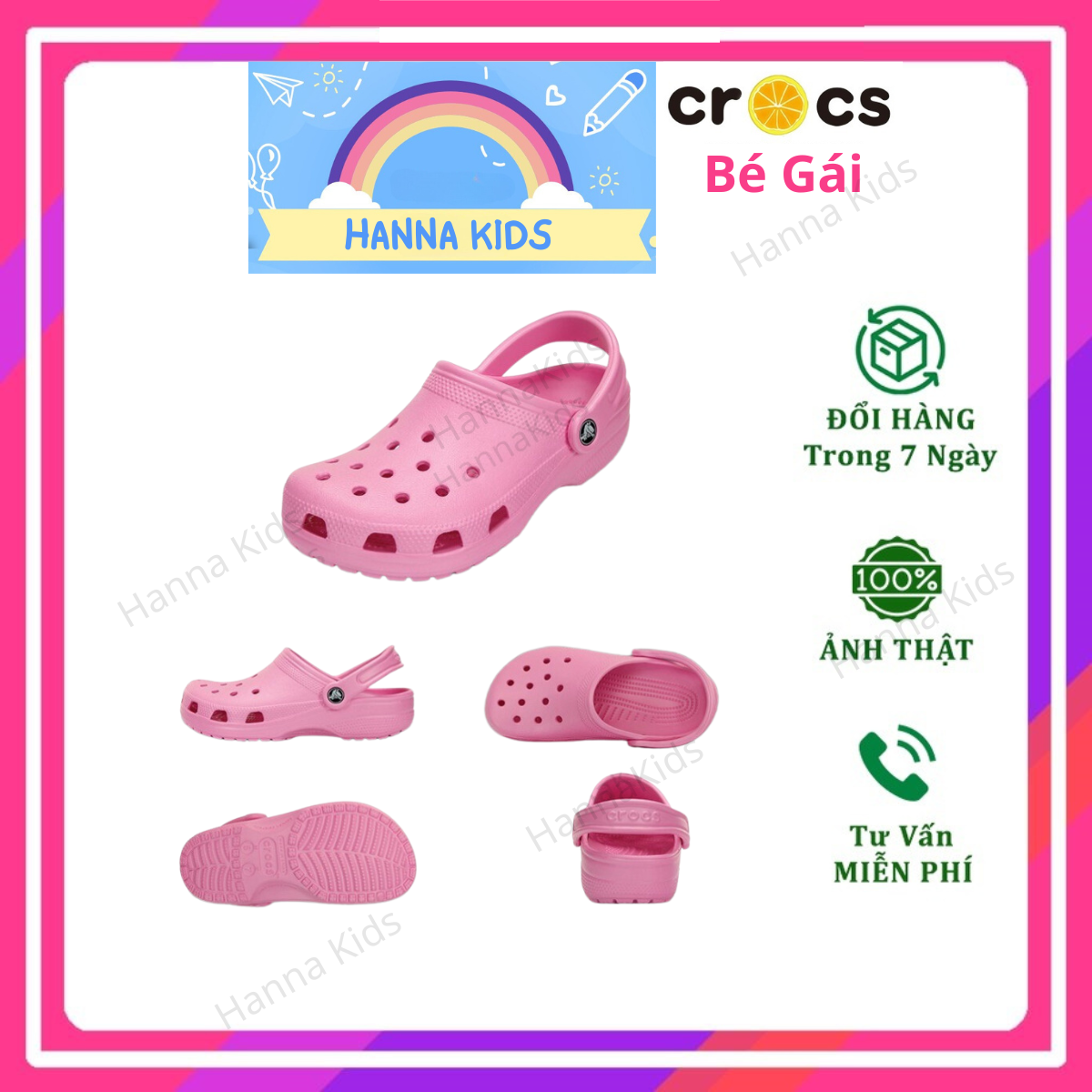 [TẶNG 12 STICKER] - Dép sục Cross Classic cho bé trai bé gái trẻ em màu Hồng HannaKids giày xục Croc