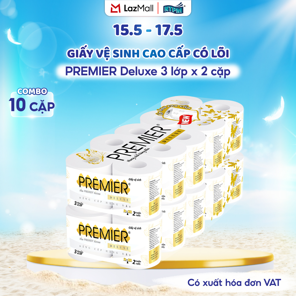 [COMBO 20 CUỘN] Giấy vệ sinh cao cấp PREMIER Deluxe có lõi, 3 lớp - 100% bột giấy nguyên sinh, không chất tẩy, 10 cuộn/lốc – Chính hãng