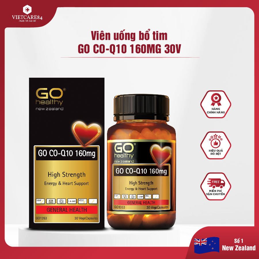 Viên uống bổ tim New Zealand GO CO Q10 160mg (60V) | Giảm quá trình lão hóa tim mạch; Giảm nguy cơ tai biến tim mạch; Giảm Cholesterol máu