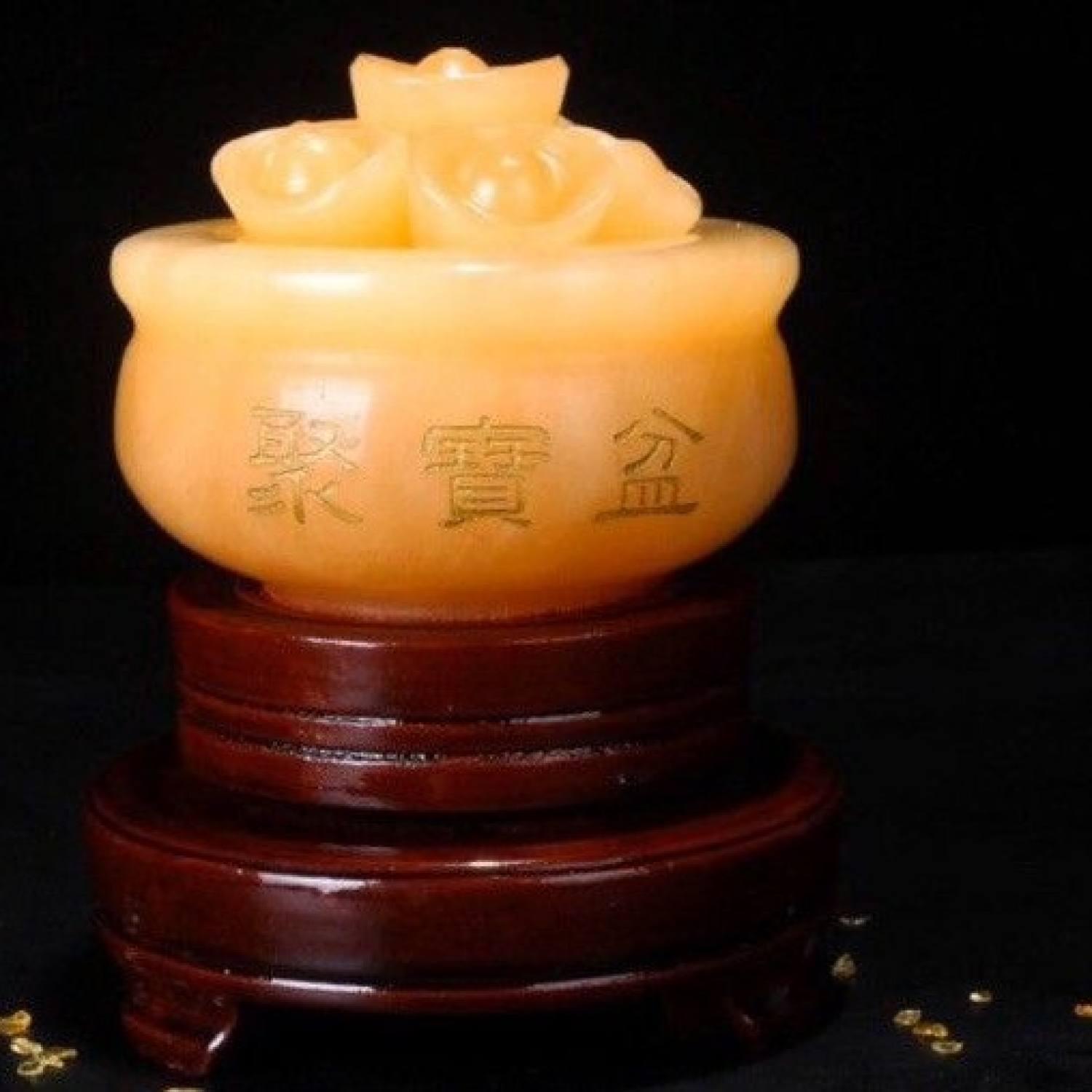 Bát tụ bảo đá ngọc hoàng long chiêu tài lộc , kích thước 10cm + 10 thỏi vàng , có đế gỗ xoay