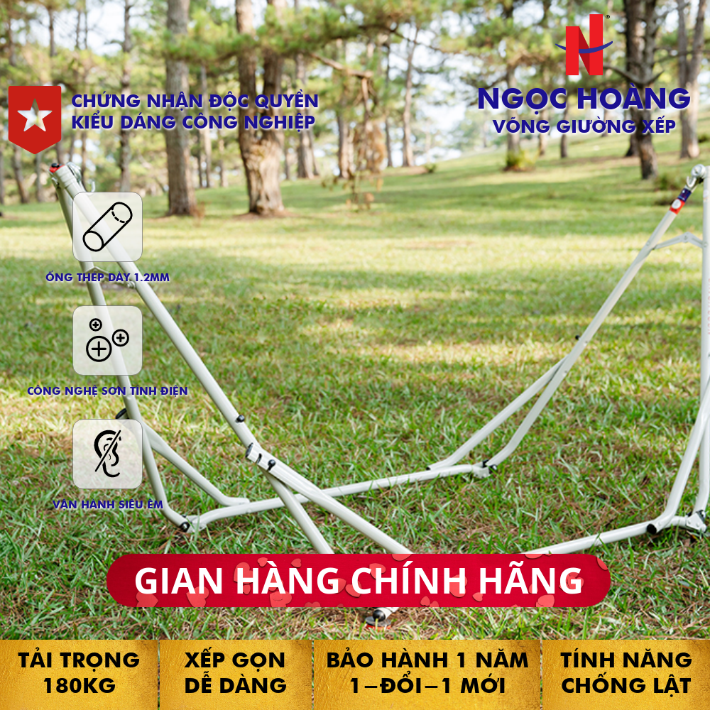 Ngọc Hoàng - Khung võng đa năng (White) - Thép nhập khẩu ống dày 1.2mm  sơn tĩnh điện, kết hợp tính năng treo võng, treo xích đu, treo nôi em bé, treo thanh phơi đồ, đã được cấp bằng độc quyền kiểu dáng công nghiệp