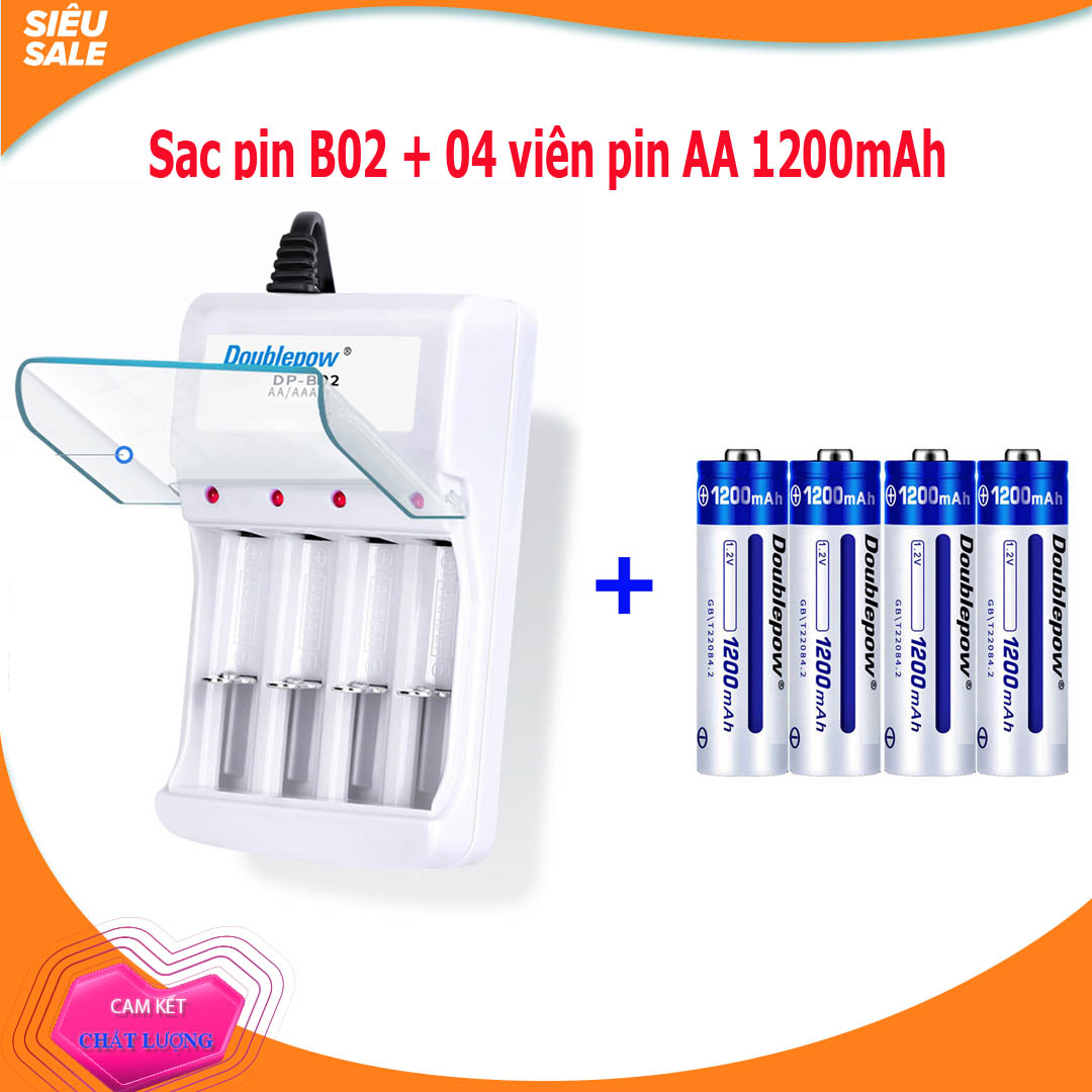 Combo Sạc pin tiểu (sạc pin AA), pin đũa (sạc pin AAA) đa năng 4 cổng DP-B02 + 04 viên pin tiểu AA 1200mAh Doublepow chất lượng