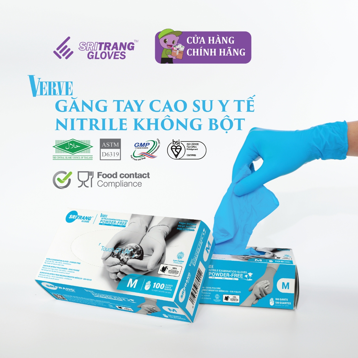 Găng tay cao su y tế nitrile không bột Sri Trang 4.8g hộp 100 chiếc