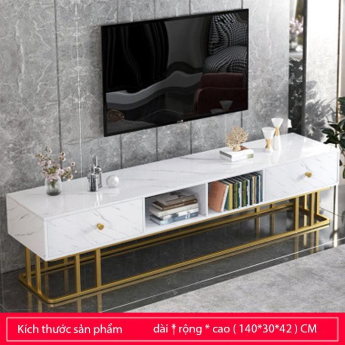 Kệ tủ để TV hiện đại mặt gỗ vân đá, khung chân sắt bền đẹp - Kệ tivi phòng khách có 2 ngăn kéo để đồ phong cách Châu Âu sang trọng
