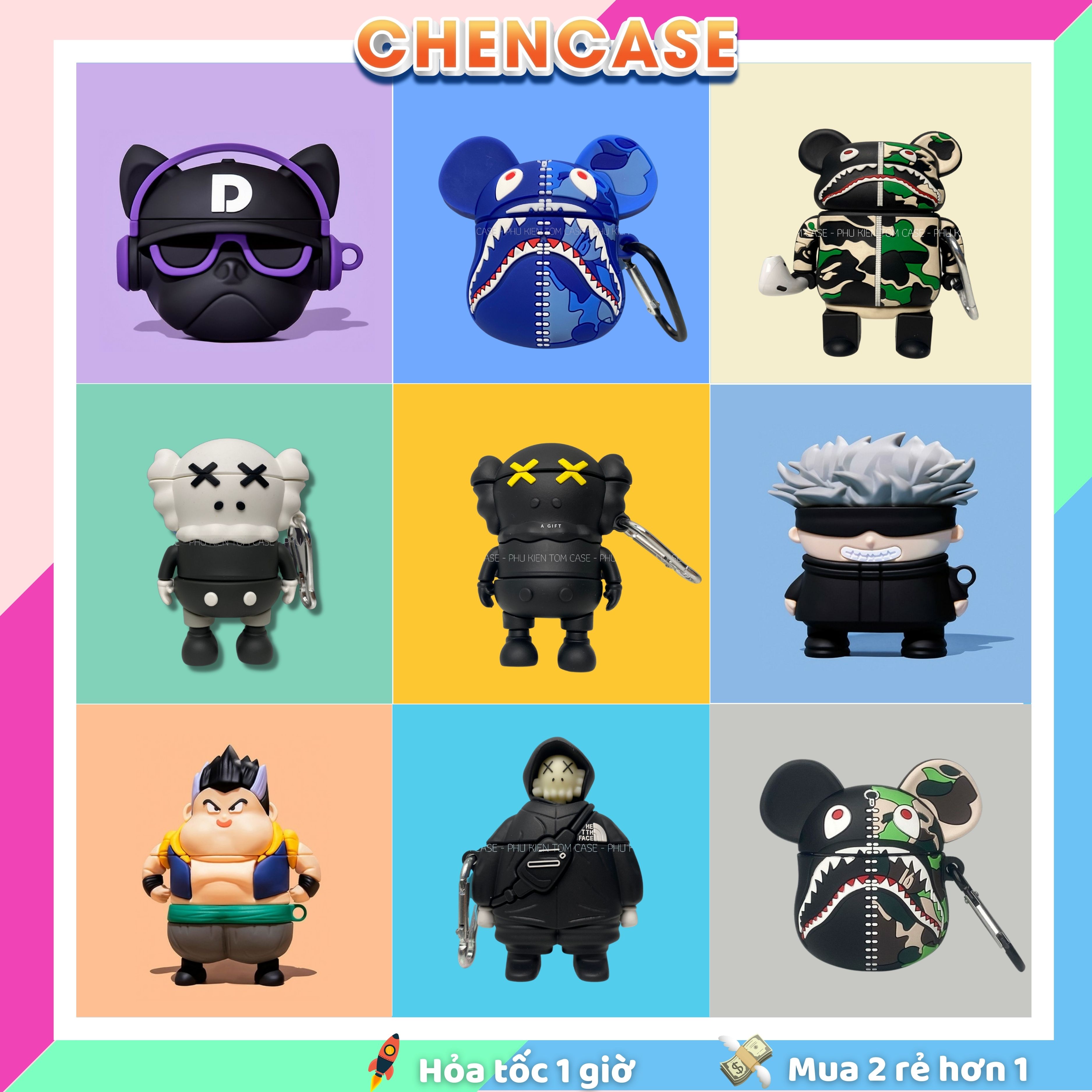 Case Airpods Pro/2/1/3, Bộ Hình Gấu Cực Ngầu, Vỏ Bọc Bảo Vệ Hộp Đựng Tai Nghe Bluetooth Không Dây Airpod pro/2, Chống Va Đập Cực Tốt - CHEN CASE