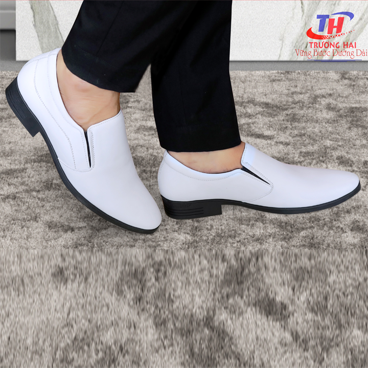 Giày nam màu trắng da bò cao cấp đế cao su cao 3cm TH GT158
