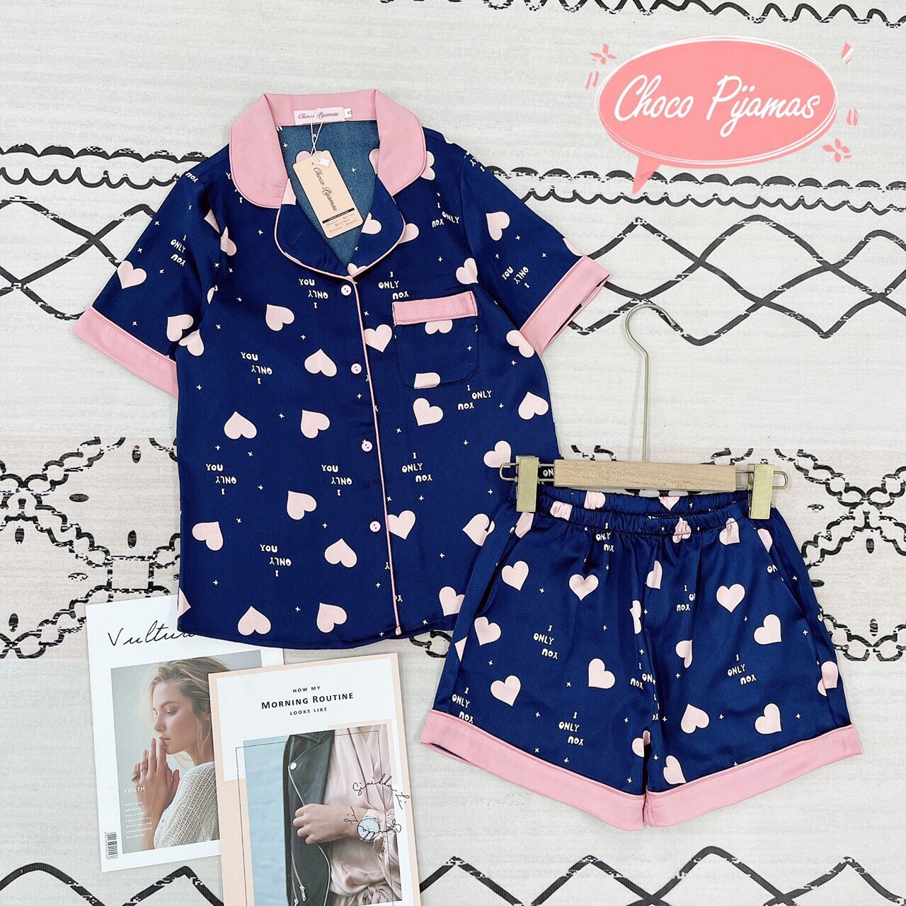 Đồ bộ nữ, Bộ pijama lụa đùi Choco 02 Tay Cộc Quần Cộc hàng thiết kế cao cấp