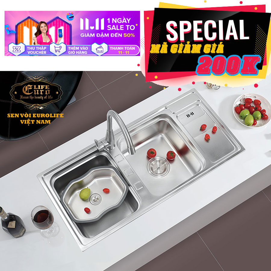 Chậu rửa chén eurolife el-c7 + chậu inox nhỏ có xả eurolife el-r7