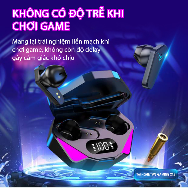 Tai nghe bluetooth 5.1 gaming thể thao pin trâu X15, tai phone không dây nghe nhạc chơi game không độ trễ, nghe gọi HD, chống nước chống ồn, âm thanh vòm 360