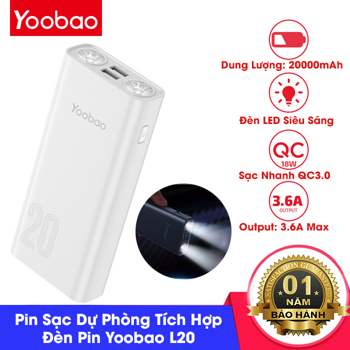 Pin sạc dự phòng Yoobao L20 công suất 20000mAh, tích hợp đèn pin