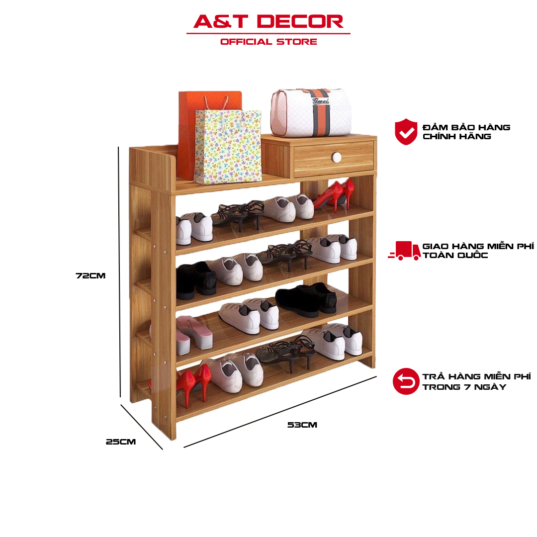 [ Bản Mới Ngăn Kéo To ] Kệ giày gỗ 5 tầng, có thể để trong hoặc bên ngoài gia đình, kích thước 72 x 53 x 25 cm