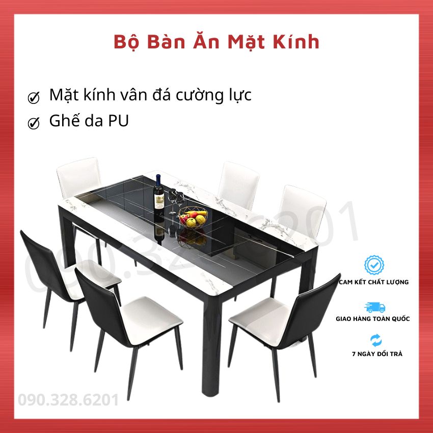 Bộ bàn ăn mặt kính mẫu 120x70cm kèm 4 ghế da - bộ bàn ăn cơm 4 - 6 ghế