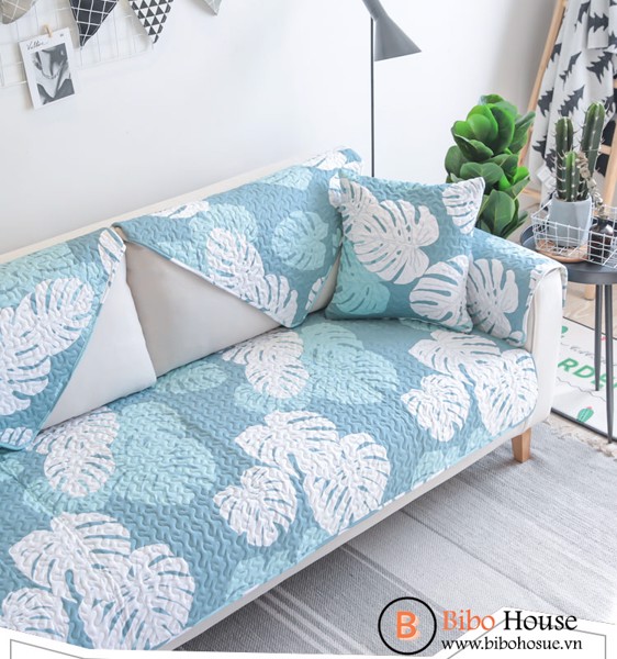THẢM TRẢI LÓT SOFA LÁ XANH TRẮNG - 100% cotton, chần bông,  mặt dưới có hạt chống trượt