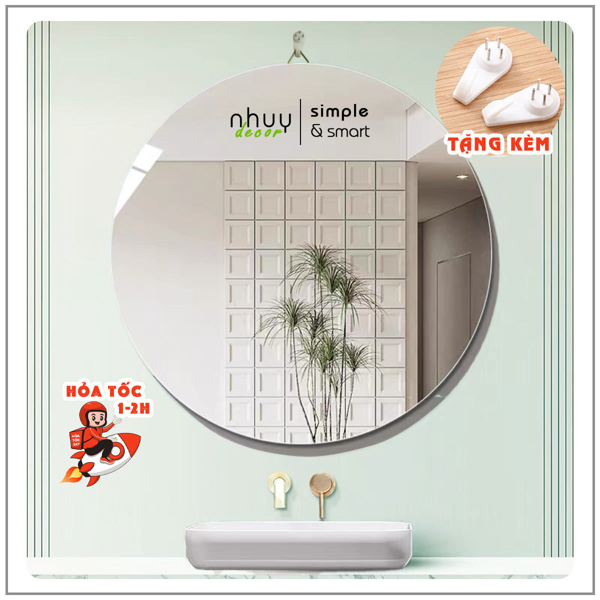 Gương tròn treo nhà tắm không viền - gương decor phòng siêu xinh tặng kèm phụ kiện treo