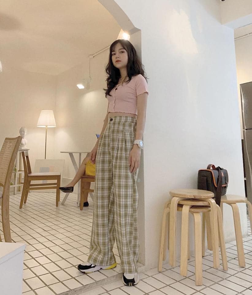 ( ẢNH THẬT) QUẦN VẢI ỐNG RỘNG KẺ CARO MÀU XANH RÊU THỜI TRANG HÀN QUỐC, AMELIA