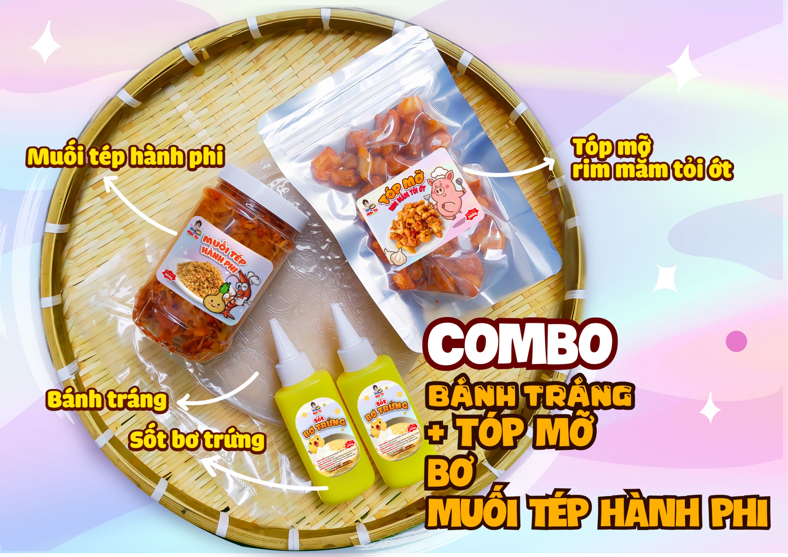 Combo tóp mỡ 250g bánh tráng + 120g tóp mỡ + 200g muối tép hành phi + 200g bơ hột gà