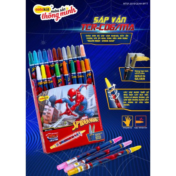 [HCM]Bút sáp vặn 24 màu spiderman tcr-c06/ma với 2 màu đặc biệt gold & silver đa dạng mẫu mã chất lượng sản phẩm đảm bảo và cam kết hàng đúng như mô tả