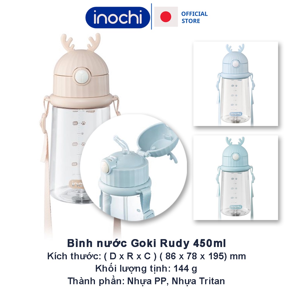 Bình nước Cho bé Goki Rudy 450ml Inochi chất liệu nhựa nguyên sinh kháng khuẩn chống sặc BIN670