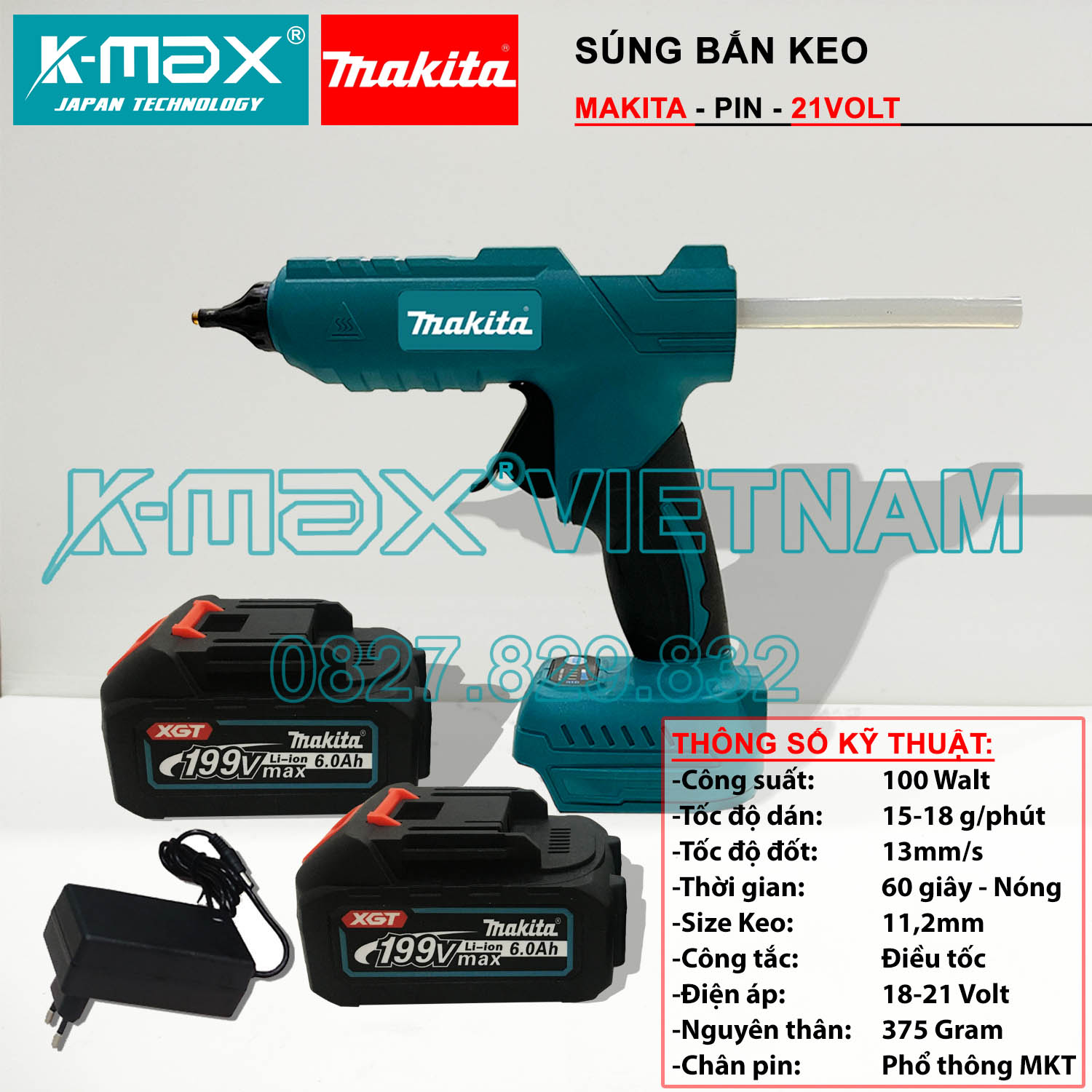 Súng bắn keo dùng pin chân phổ thông Makita 18 - 21volt - Súng bắn keo nến - Nóng nhanh - Tiện dụng