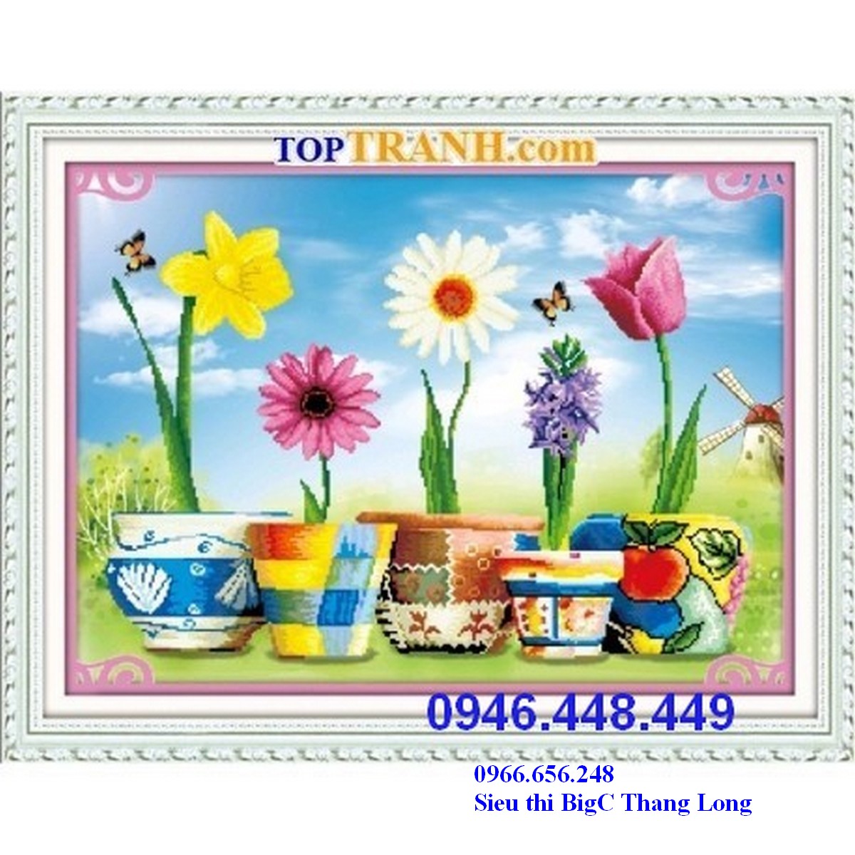 Tranh thêu chữ thập 5 chậu hoa ngũ sắc sdr5d494