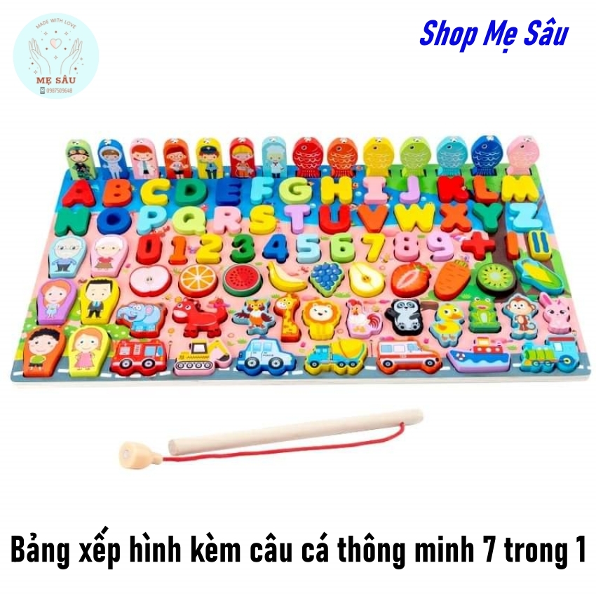 [Tặng kèm 1 cần câu cá nam châm] Bảng đồ chơi thông minh, Bảng đồ chơi gỗ đa chức năng 7 trong 1 shop Mẹ Sâu, Bảng đồ chơi lắp ghép chữ số kèm câu cá cho bé giúp bé chơi ghép chữ, học toán, lắp ghép hình khối rèn luyện tư duy