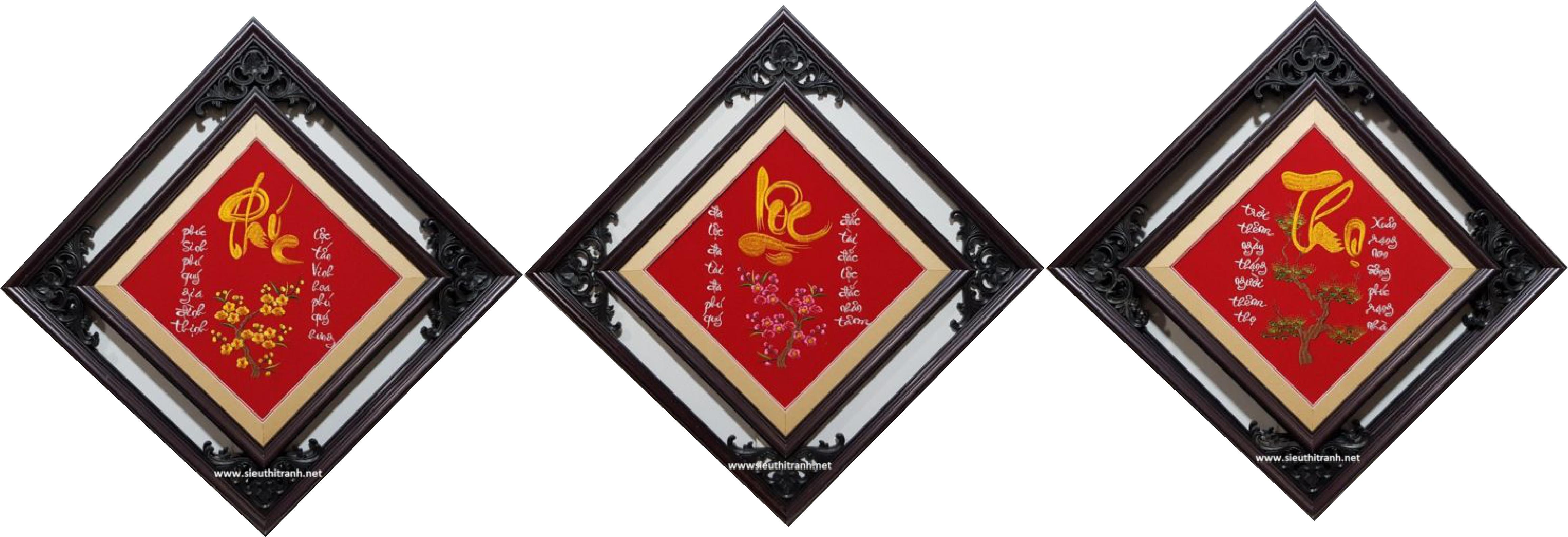TRANH THÊU PHÚC LỘC THỌ THÀNH PHẨM TREO PHÒNG KHÁCH HÀNG KÍCH THƯỚC 30X30X3