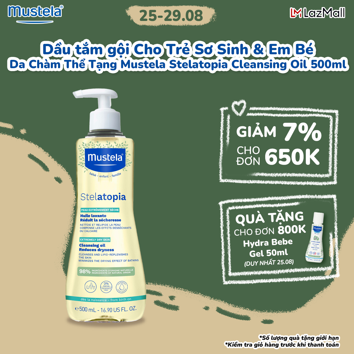 Dầu Tắm Gội Toàn Thân Cho Trẻ Sơ Sinh & Trẻ Em Da Chàm Mustela 500ml