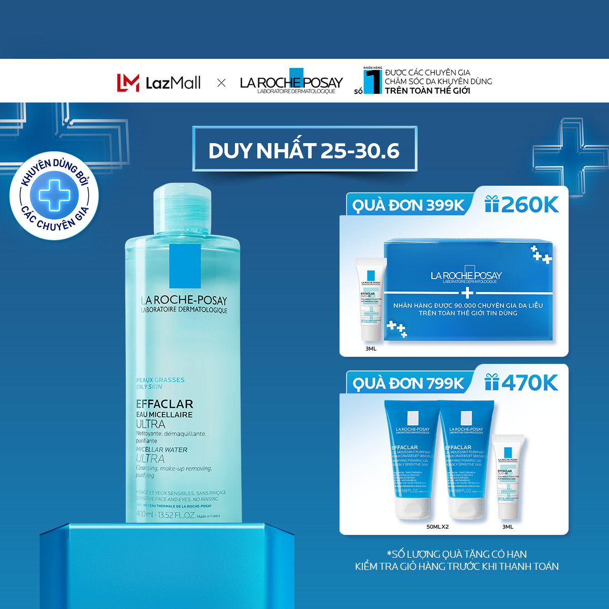 Nước làm sạch sâu và tẩy trang dành cho da mụn, da dầu nhạy cảm La Roche-Posay Effaclar Micellar Water 400ml