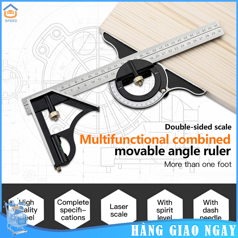 Dụng cụ đo kết hợp thước đo góc 300MM thép không gỉ 180 độ thước đo góc mộc có mức độ