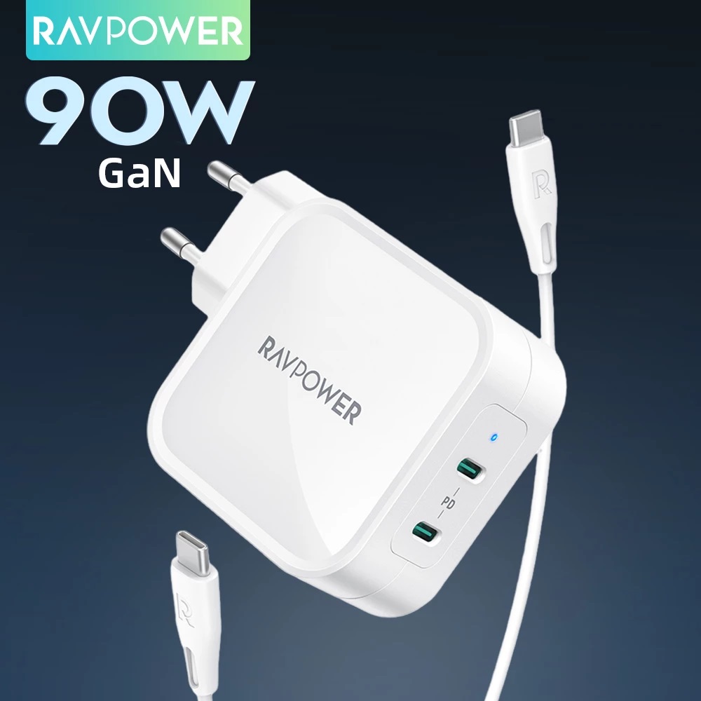 Củ sạc siêu nhanh 90w ravpower rp-pc128 - 2 cổng sạc type c - pd 3.0 - qc 3.0 - gan - kèm cáp c to c 90w