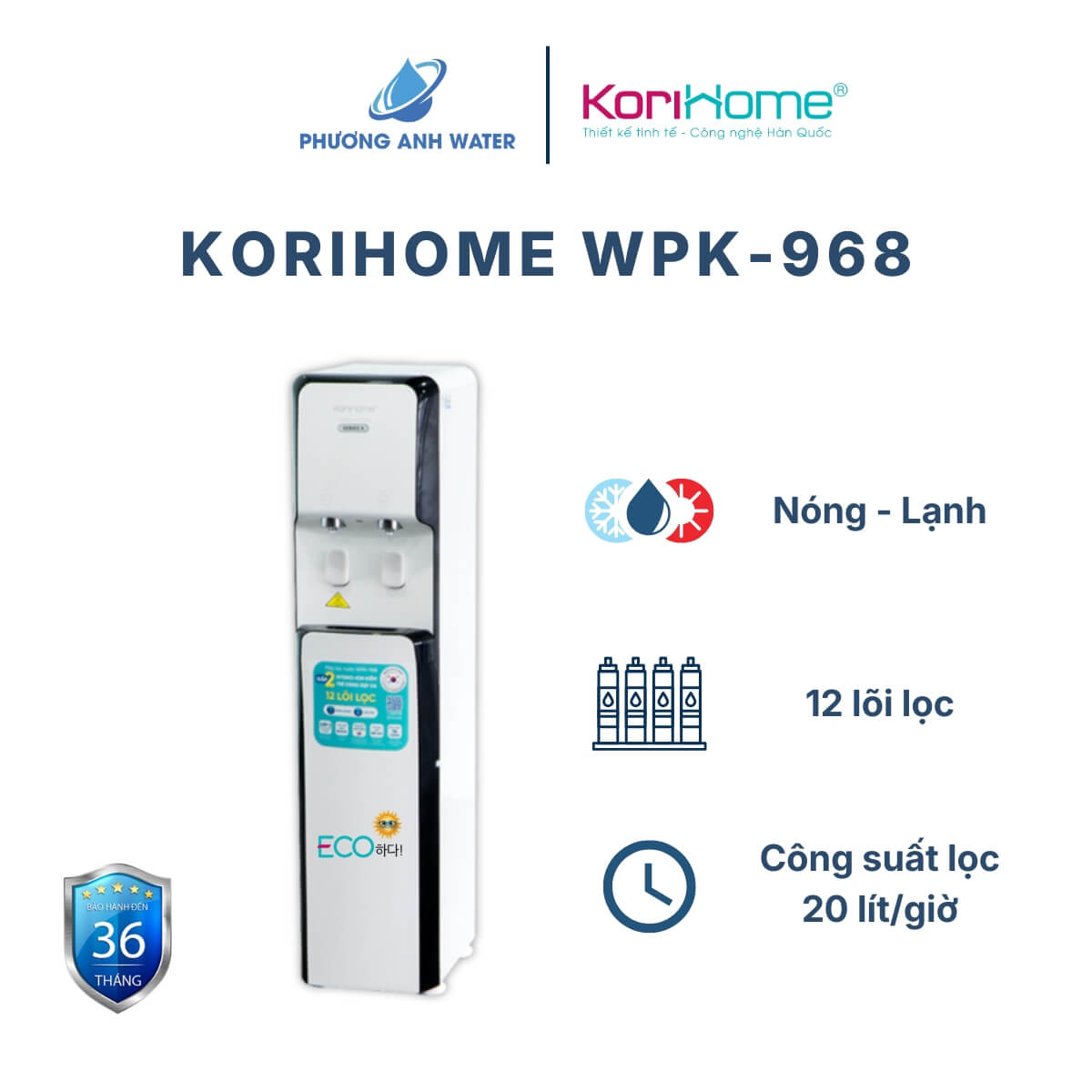 Máy lọc nước Korihome WPK-968 cao cấp, 12 lõi lọc, 2 chế độ Nóng - Lạnh, làm lạnh bằng block, cảm biến ECO tiết kiệm điện, bảo hành 36 tháng