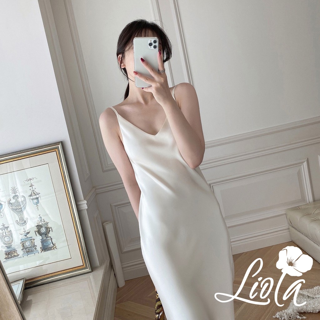 Đầm 2dây lụa satin cao cấp - đầm suông ôm body quyễn rũ (2lớp) Liola