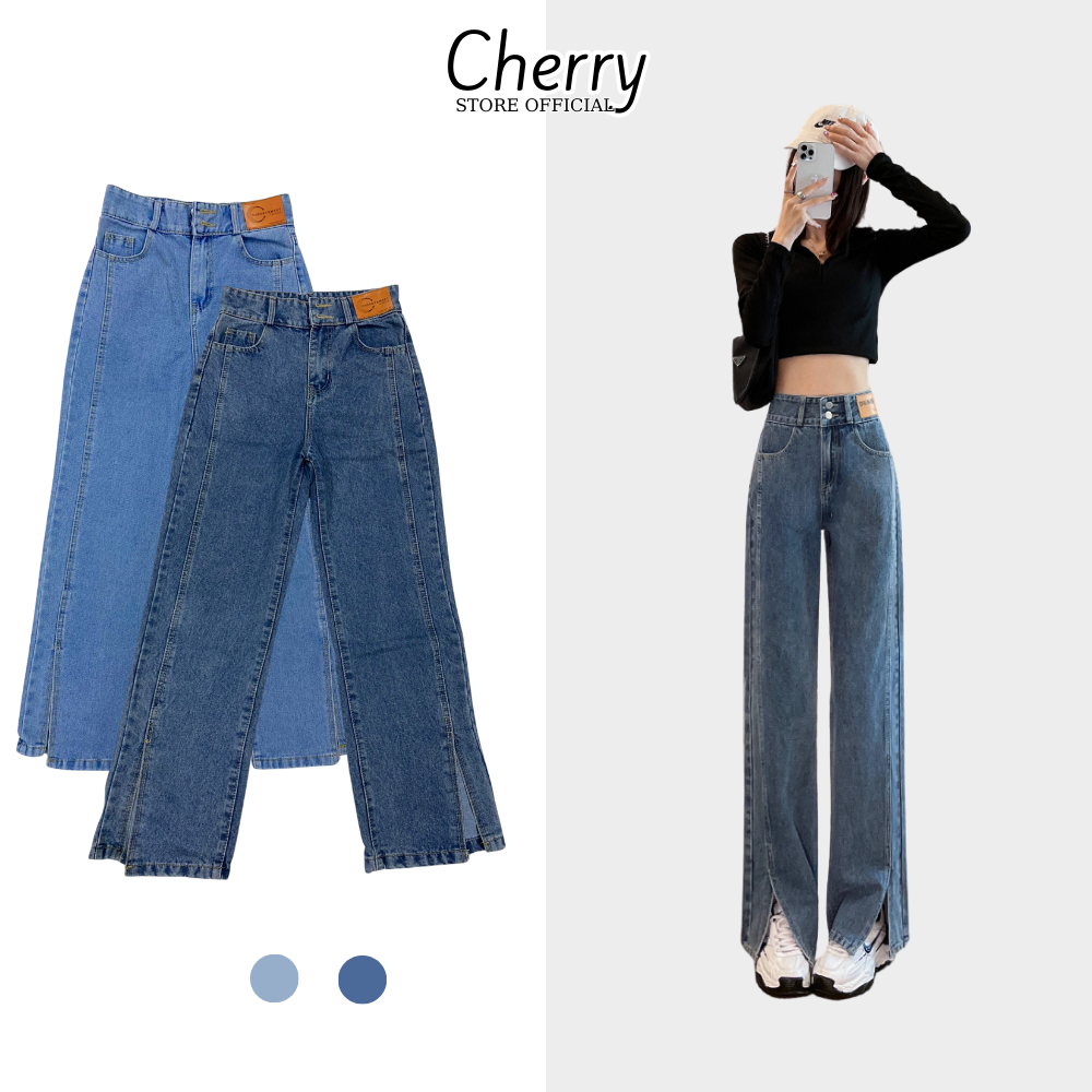 Quần jean nữ ống rộng xẻ gấu CHERRY cạp cao dáng suông 2 cúc, quần bò nữ ống đứng xẻ tà trước chất cotton cao cấp T069