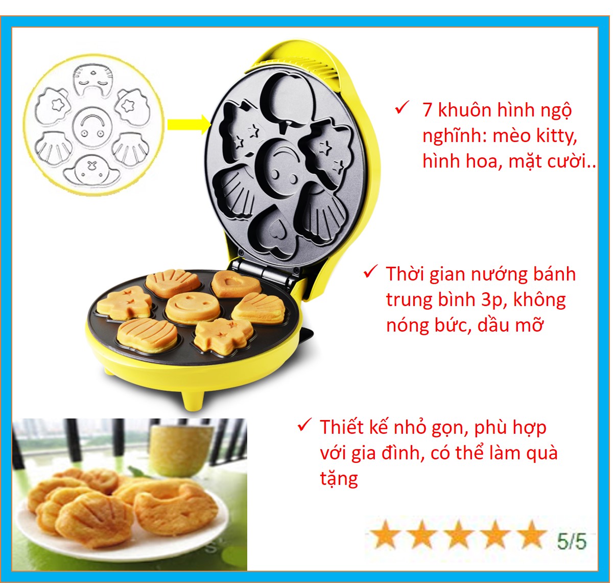 Máy nướng bánh hình thú mg000, nướng bánh không dầu, máy nướng bánh có 7 hình ngộ nghĩnh