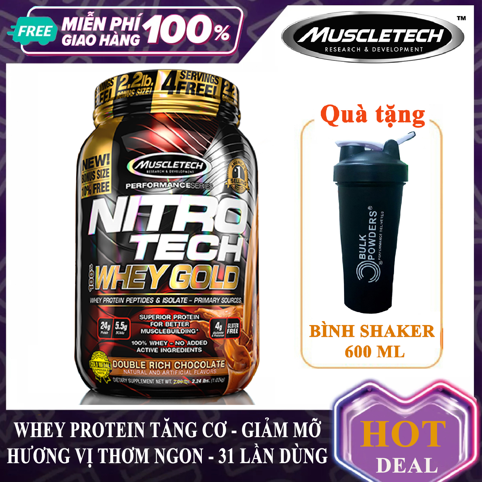 [TẶNG BÌNH] Sữa tăng cơ giảm mỡ Nitro Tech 100% Whey Gold của Muscle tech hương Chocolate hộp 31 lần dùng hỗ trợ tăng cơ, giảm cân đốt mỡ, tăng sức bền sức mạnh cho người tập GYM